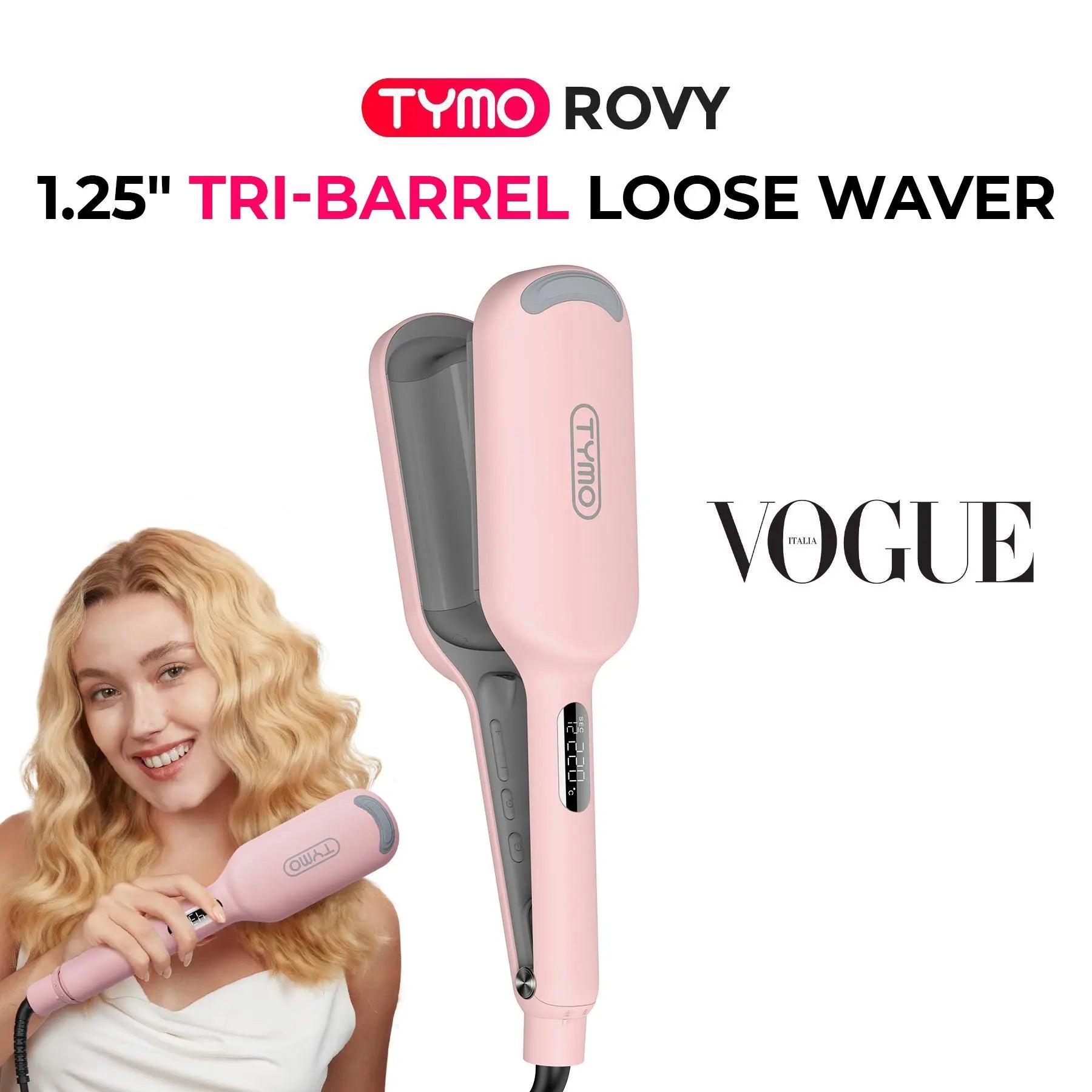 TYMO ROVY - 1.25-Inch Beach Waves Curling Wand, Ionic Ceramic 3-Barrel Crimper for Women, Dual Voltage, Anti-Scald, Reduces Frizz & Heat Damage, Easy to Use, Mermaid Waves, Travel Friendly
